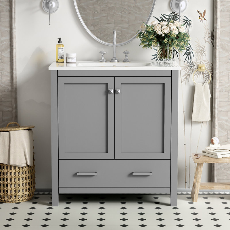 Meuble-lavabo avec lavabo simple, 2 portes et un tiroir, Gris