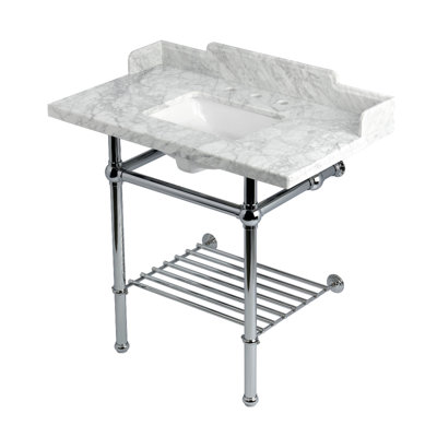 Kingston Brass Pemberton 36-Inch Carrara Marble Console Sink with Brass Legs and Shelf (8-Inch, 3-Hole)