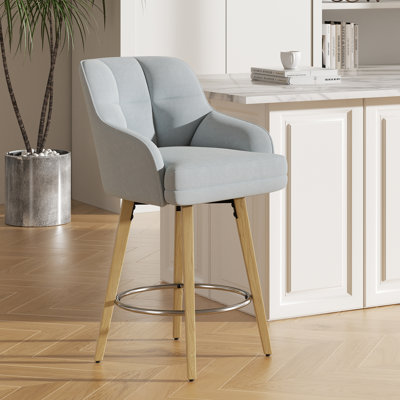 Modern Swivel Bar Stool With Backrest, Armrests And Wood Legs - Counter Height Chair For Kitchen Island