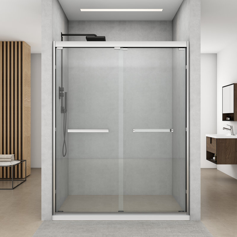 Porte de douche coulissante semi-encadrée en nickel brossé avec verre transparent, Nickel