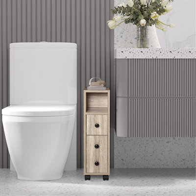Armoire de salle de bain autoportante compacte avec 2 armoires ouvertes, 1 armoire à portes, 1 tiroir et 4 roulettes, couleur grain de chêne