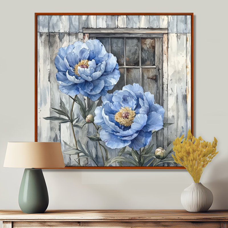 Acier bleu pivoines par la remise III - pivoines, art mural, Impression encadrée flottante, H 36 po x l 36 po, Brun