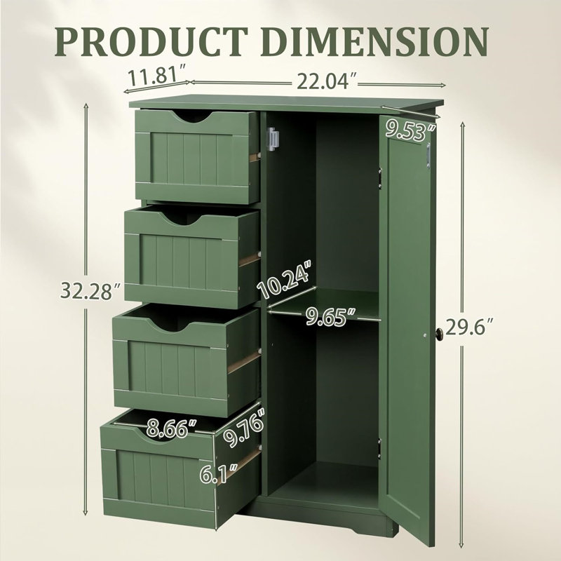 4-Tier Storage Cabinet With Drawer Bins And Open Shelving - Green Wooden Cabinet For Bathroom, Bedroom, Or Living Room Organization