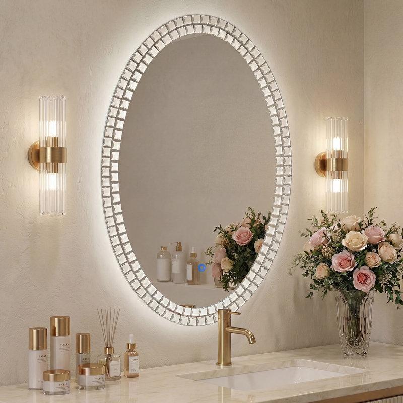 Miroir mural ovale à DEL avec détails en mosaïque de cristal
