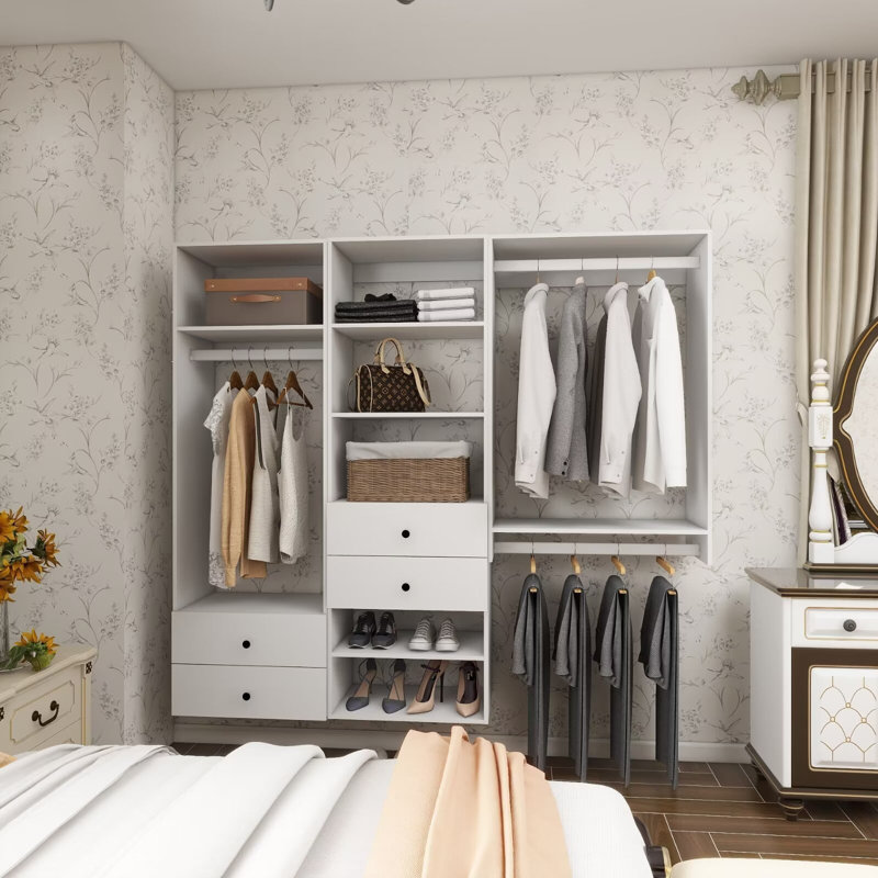 Système d'organisation modulaire blanc avec 3 tringles, 6 tablettes et 4 tiroirs