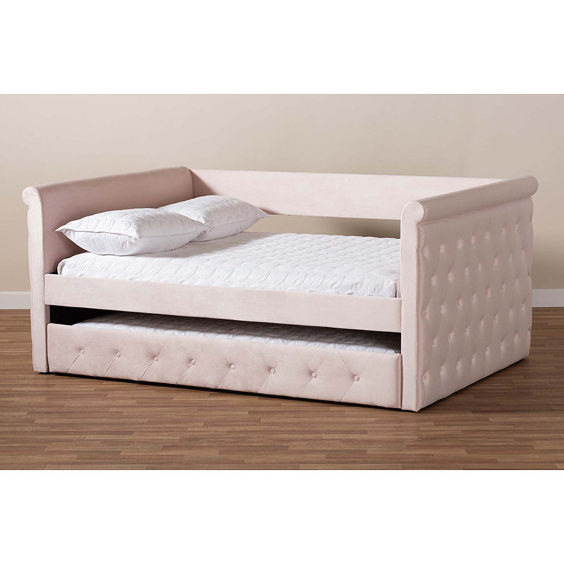 Lit de jour avec couchette Samitha, Velours rose clair, Lit simple