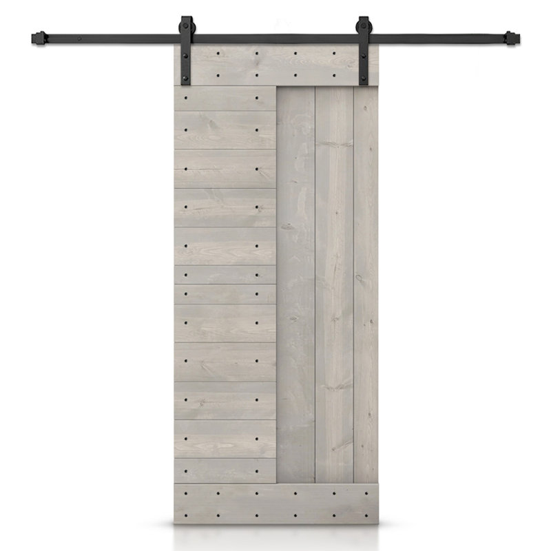 Porte de grange à panneaux et en bois avec quincaillerie d'installation, 42 po x 84 po, Gris argenté