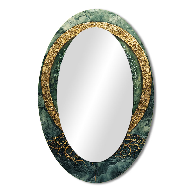 A Green Tree Of Life Into Celestial Roots - Landscapes Oval Decorative Mirror On Metal, 36" x 24"