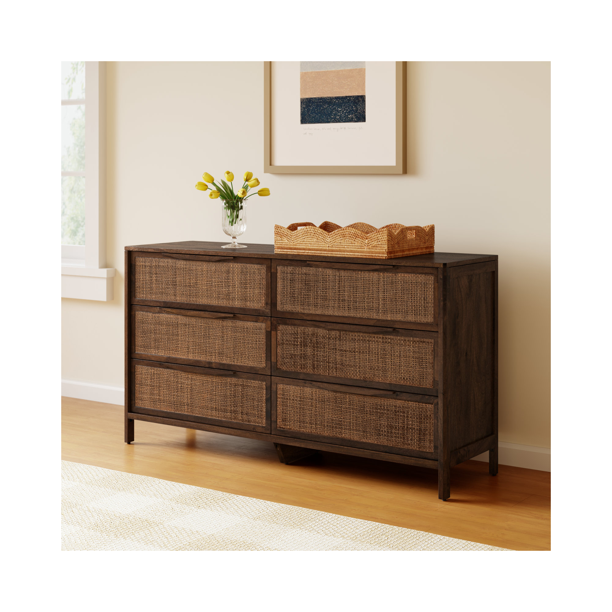Nellie 6 Drawer Cane Dresser, Brown Wash/Brown Cane