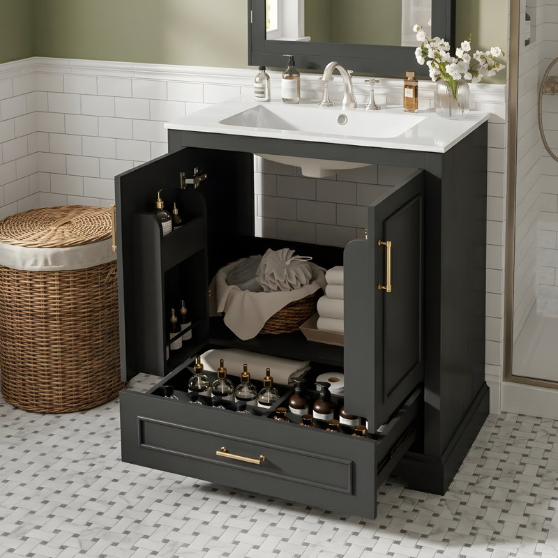 Meuble-lavabo moderne avec lavabo en céramique, Noir, 28"
