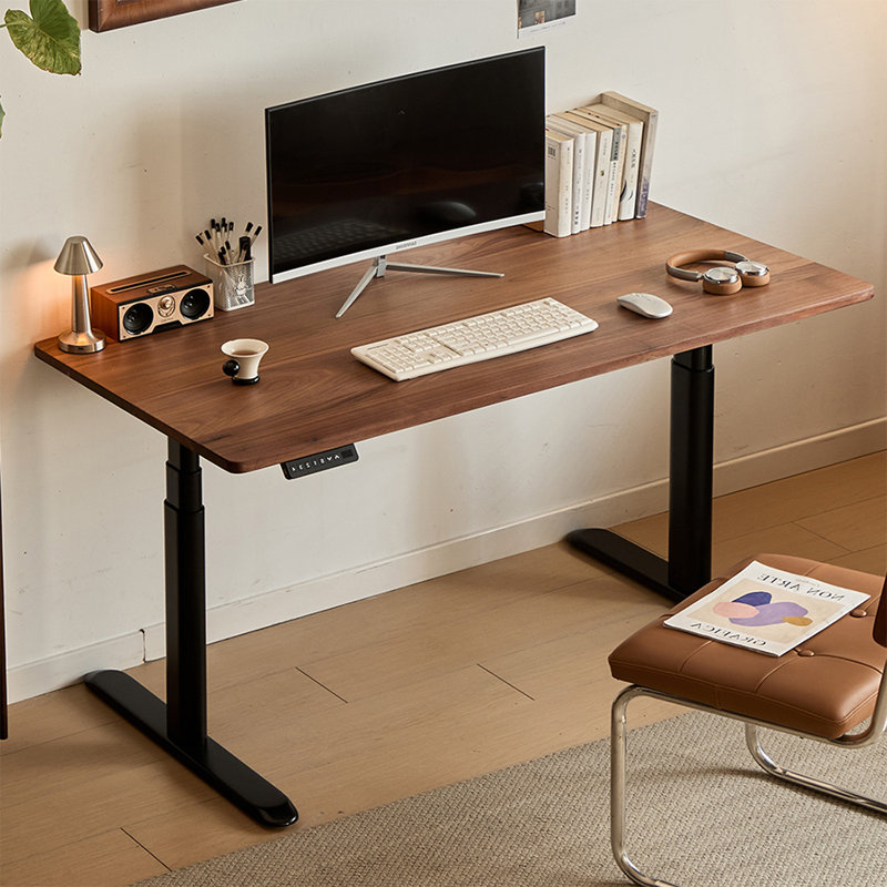Noyer noir + bureau rectangulaire en bois massif noir réglable en hauteur + acier au carbone, 48.43" H x 55.12" W x 27.56" D
