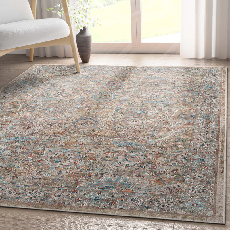 Ervin Emilia Vintage Persian Floral Blue Beige Flat-Weave Rug, Rectangle 6' x 9'