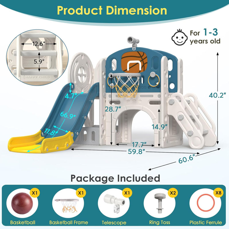 9 in 1 Toddler Slide, Kids Slide with Climber Outdoor Indoor Slide Playset, Blue/Yellow