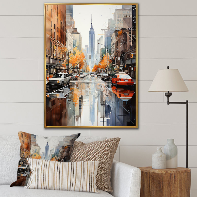 Collage sur toile Mauree New York, Cadre flottant doré, H 32 po x l 16 po x P 1 po