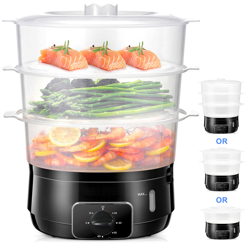 Cuiseur à vapeur électrique à 3 niveaux, capacité de 13,7 pte, cuiseur à vapeur rapide de 800 W, paniers sans BPA, minuterie de 60 minutes pour une cuisson simultané