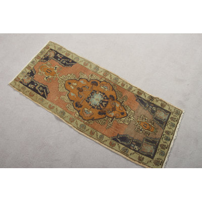 Petit tapis turc rétro vintage en laine orange idéal pour le vestibule et la décoration intérieure faite à la main