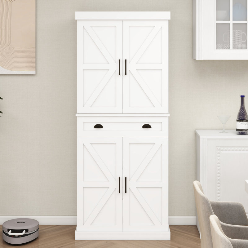 71" Pantry Storage Cabinet - White. 4 Doors, 1 Drawer, 2 Adjustable Shelves. Spacious For Kitchen, Dining, Living Areas. Modern & Functional Design Kitchen In Roomy Interior. E1 . Painting. Stable