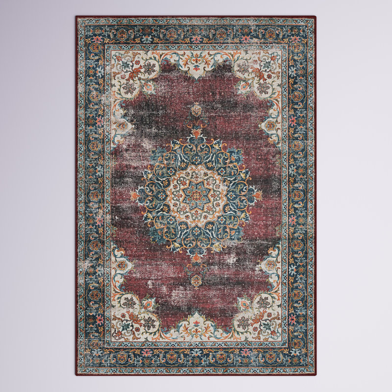 Tapis lavable ivoire et bourgogne tissé à la machine, Rectangle de 2 pi x 3 pi