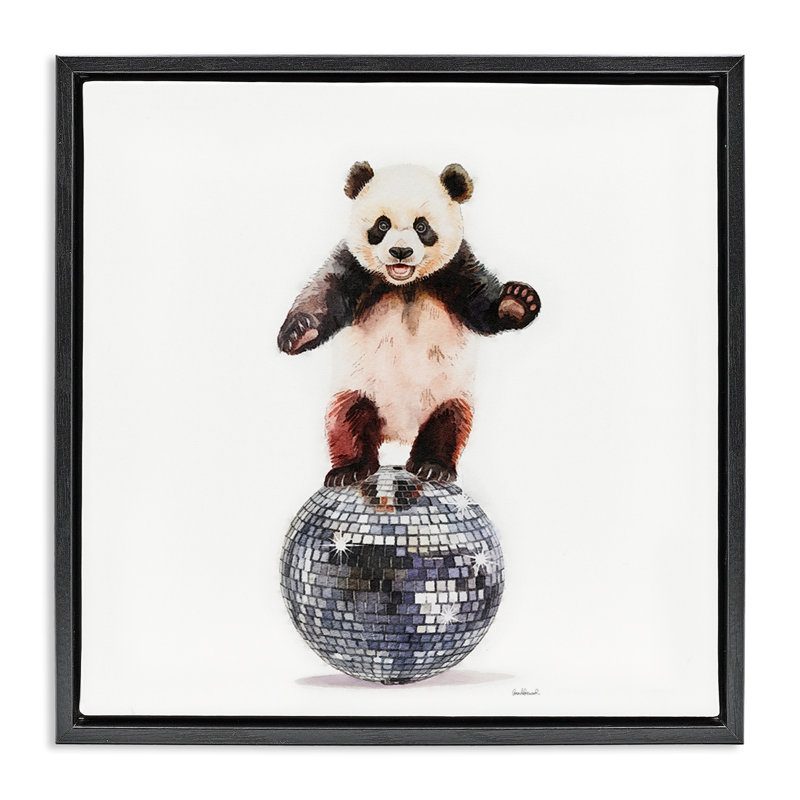 Cadre flottant Panda Balancing on Disco Ball, design par Amanda Greenwood, Cadre flottant noir de jais, H 18 po x l 18 po