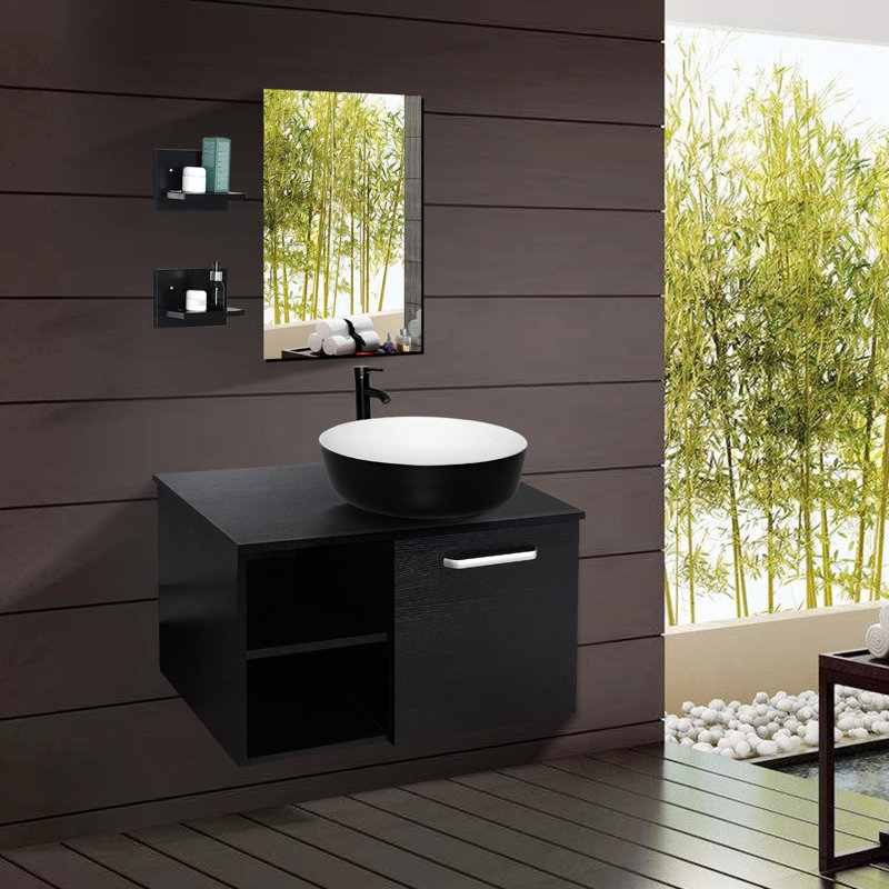 28" Wall-Mounted Single Bathroom Vanity Set with Mirror, Black/White
