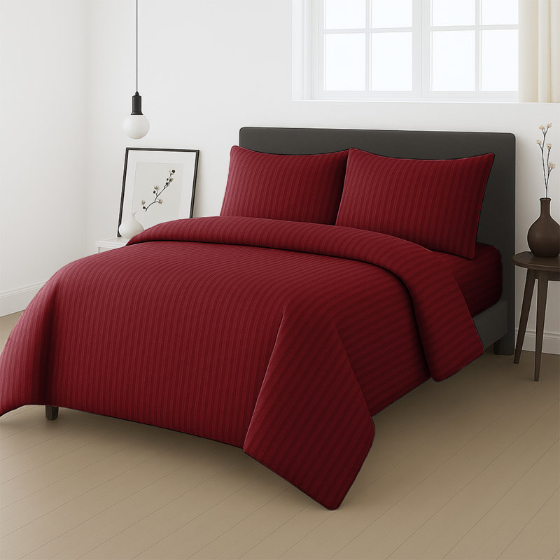 Microfiber Stripe Duvet Complete Set With Striped Pillows & Fitted Sheet, Burgundy