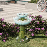 Audhumbla Solar Powered 28.35'' 2-Tier Flower Resin Birdbath Outdoor Fountain with Lights