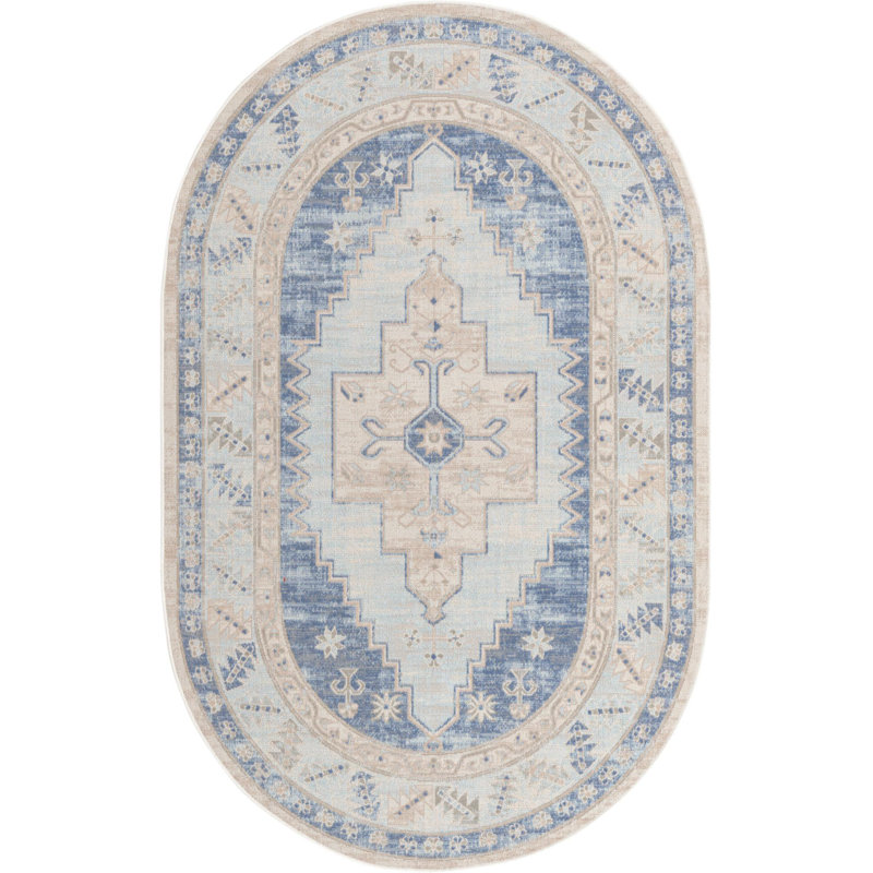 Tapis traditionnel bleu / ivoire / gris Matthei, Ovale 5 pi x 8 pi