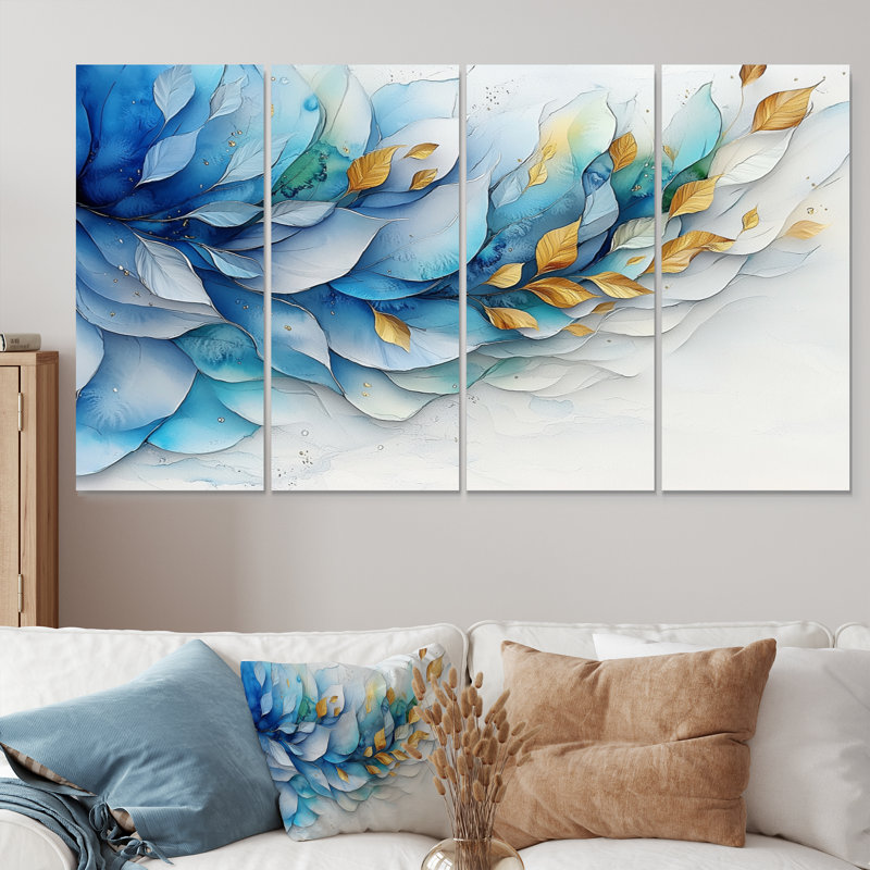 Bleu blanc délicat pétales de fleurs I - art mural fougères - décoration murale moderne, H 32 po x l 64 po, 4