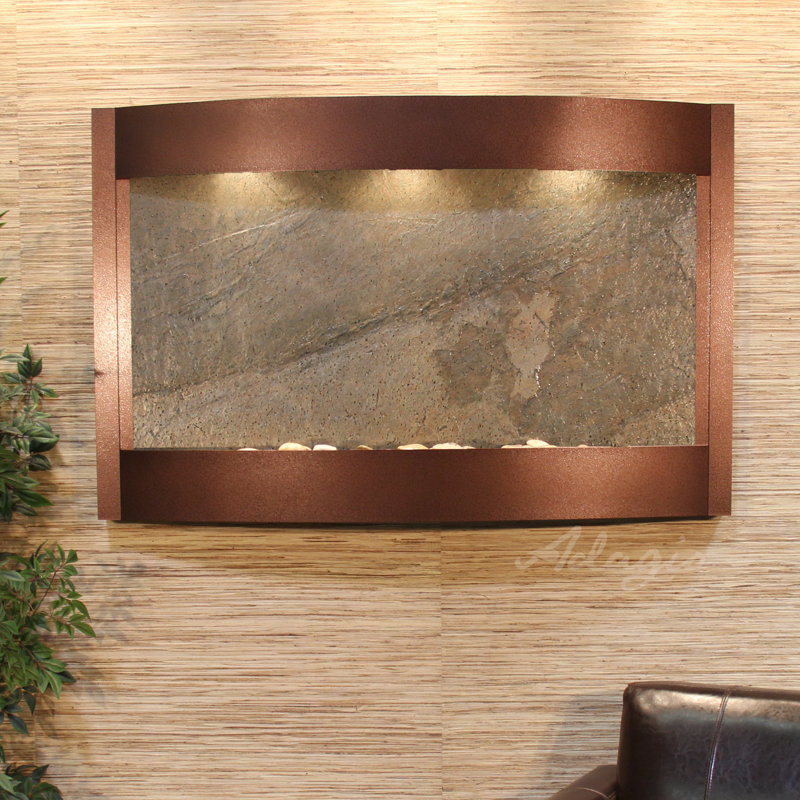 Calming Waters Hand Crafted Natural Stone Weather Resistant Waterfall Fountain with Light, Green Feather, Copper Vein