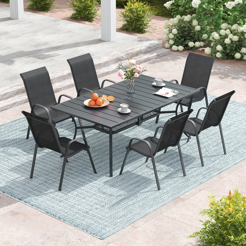 6-Person Rectangular Patio Dining Set With Stackable Chairs, Black