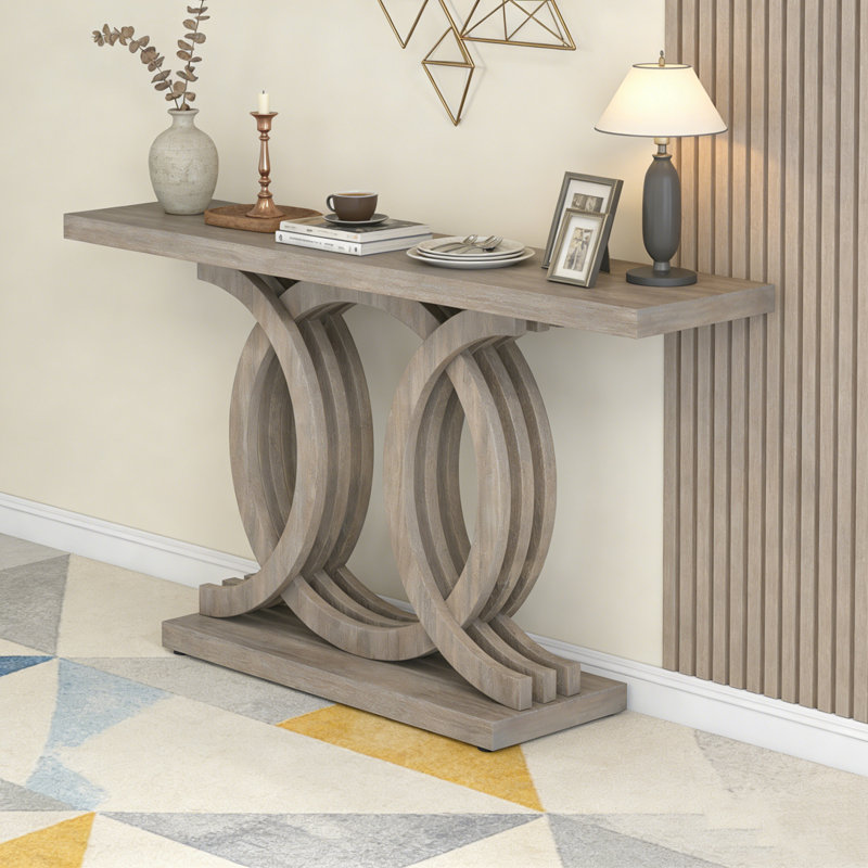 Farmhouse Hallway Sofa Table With Geometric Base, Grey