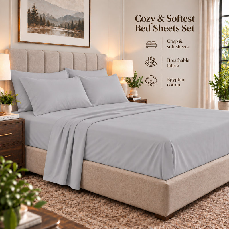 Ensemble de draps 4 pièces, 100 % coton, 800 fils/cm², format California King, gris pâle, California King, Light Grey
