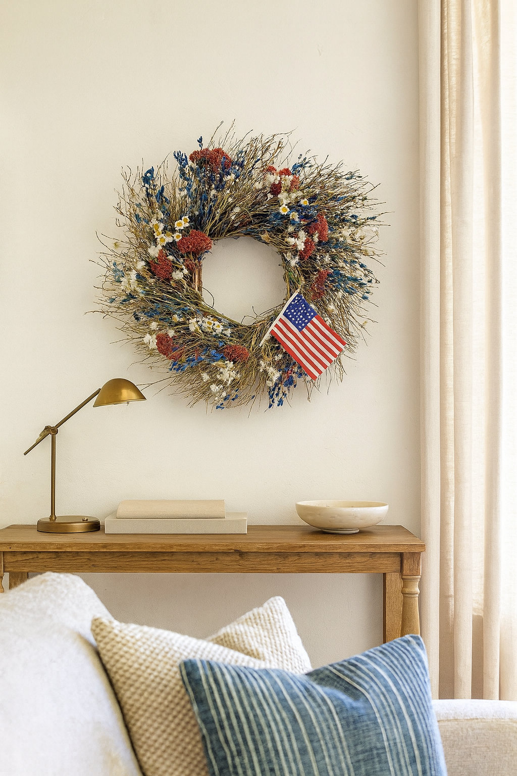 Preserved Patriotic Twigs and American Flag Wreath, 22" W x 22" H x 5" D