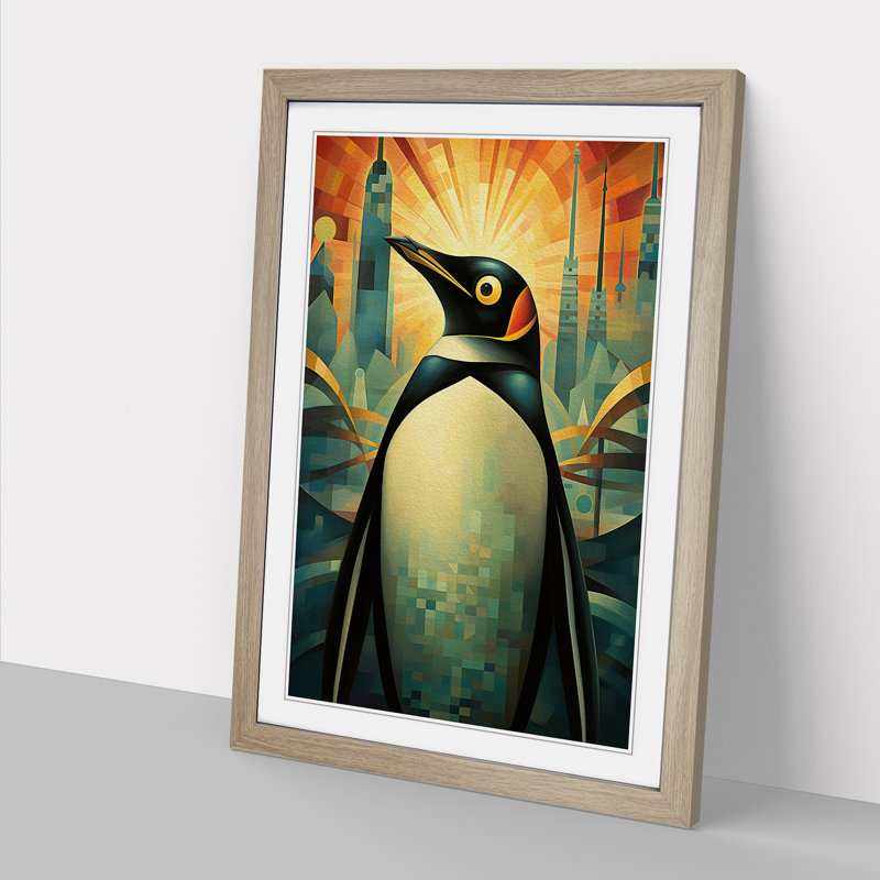 Penguin Deco No.2 - Single Picture Frame Print on Wood, Oak Framed, 46cm H x 34cm W x 2" D