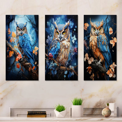 Blue Owls Moonlight Realm - Owl Metal Wall Art Prints Set Of 3