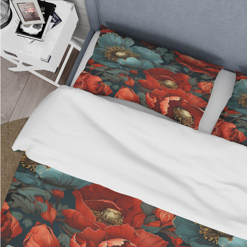 Literie à motif de fleurs de pavot bleues et rouges, Housse de couette simple + 1 taie décorative stan