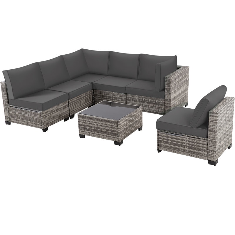 Ensemble de conversation modulaire d'extérieur en osier 7 pièces avec coussins et table basse (gris) 7 pièces