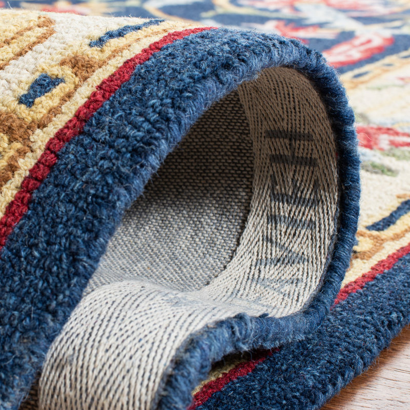 Tapis ivoire / bleu marine en laine / coton touffeté à la main Ozella, Carré 6 pi