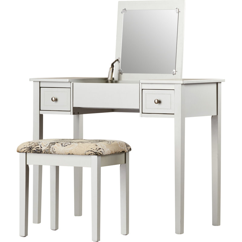 Fidelmar 36" 2-Drawer Flip Top Mirror Vanity with Butterfly Print Stool, Silver