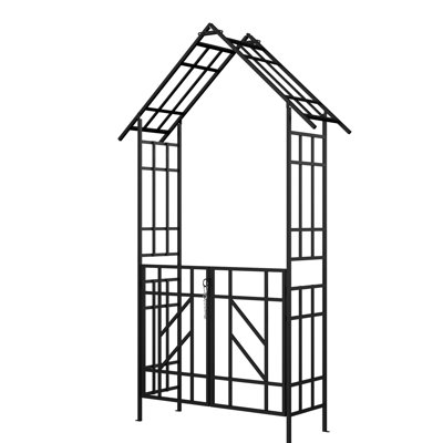 Black Metal Garden Arch With Gate, W58.81*H98.17, A Support For And Rose Climbing, Galvanized Tube Powder - Coated Surface, Stable Square Structure, Decorative Feature Iron Arch, , Climbing Plants,