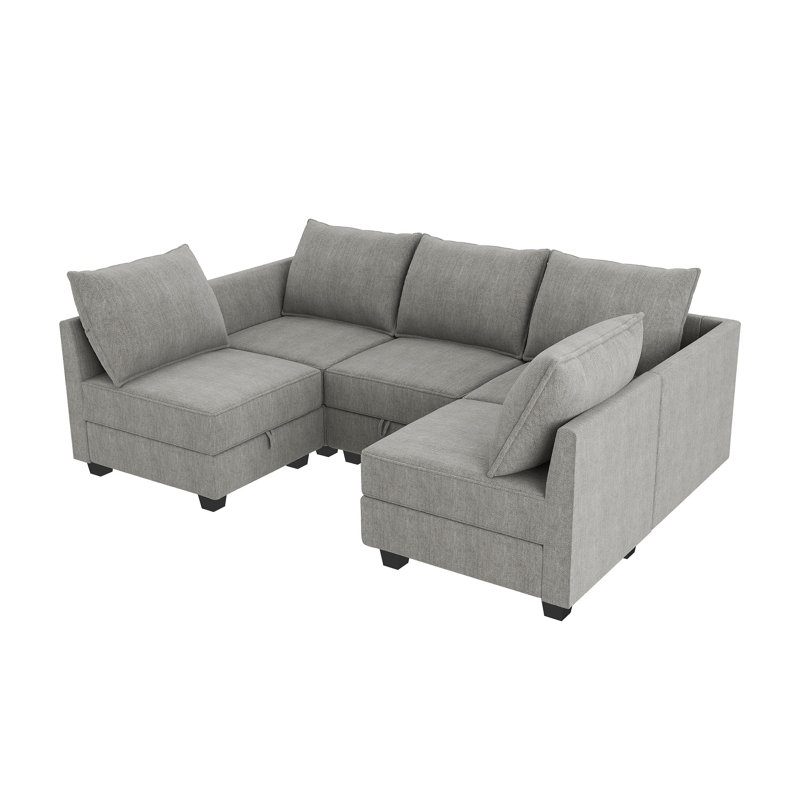 L-Shaped Modular Sectional Couch Reversible Modular Upholstered Sofa, Gray Polyester Blend
