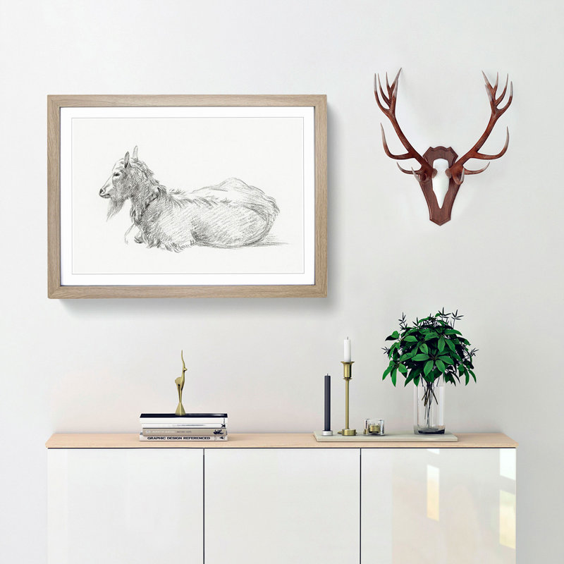 A Resting Goat by Jean Bernard - Single Picture Frame Print, Oak Framed, 45cm H x 63cm W x 2cm D