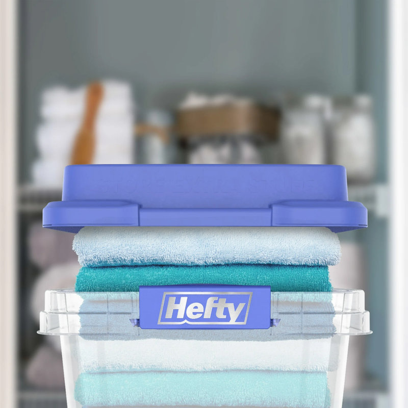 Hefty 6 Pack 32 Quart Hi-Rise Stackable Plastic Storage Bin with Lid, Clear/Blue, 32, 14.24" H x  16.85" W x  12" D 