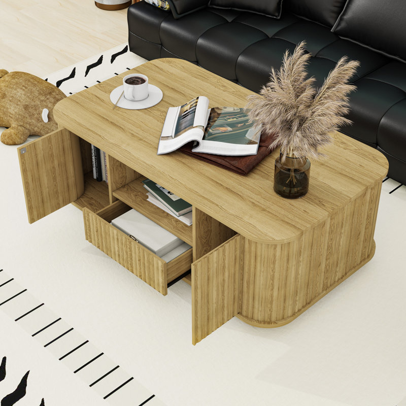 Table basse moderne avec conception unique à panneau ondulé, compartiments de rangement cachés et pieds réglables, Naturel