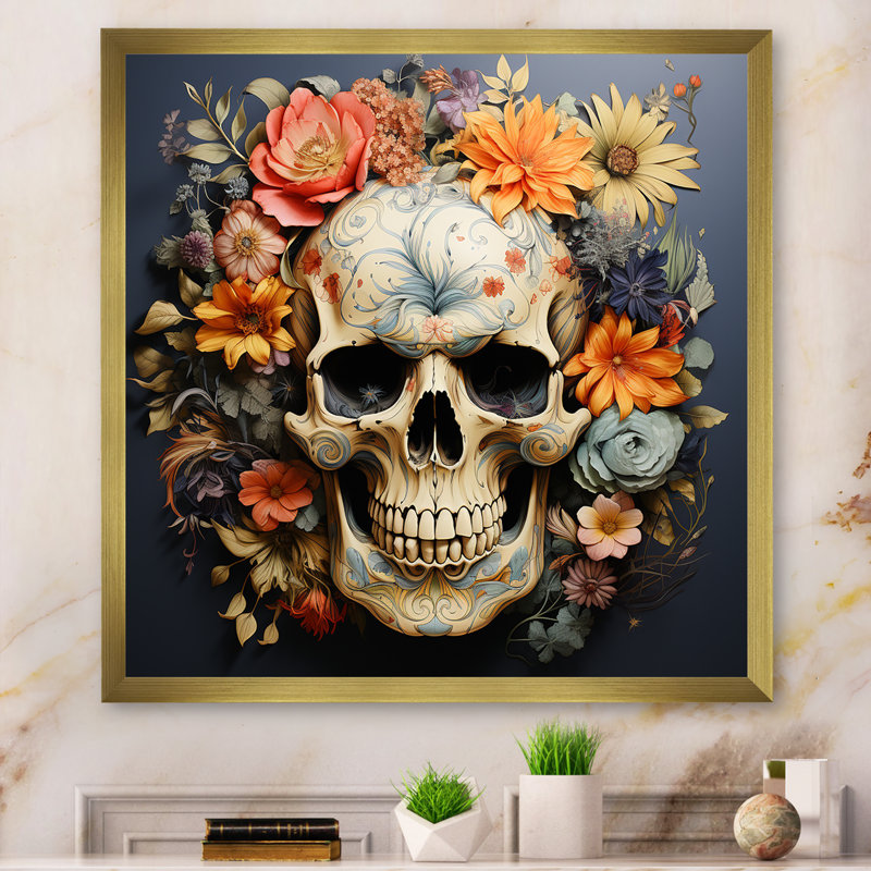 Crâne floral à la mode en doré II - art mural mode crâne, H 36 po x l 36 po x P 1,5 po, Cadre doré simple