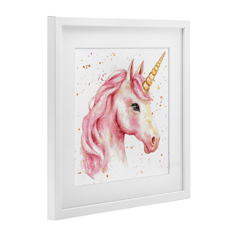 Licorne rose avec éclaboussures de peinture, reproduction encadrée sous verre, design by Creative Studio, H 16 po x l 16 po