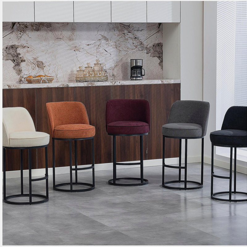 Ensemble de 2 tabourets de bar à hauteur de comptoir, tabourets de bar moderne avec dossier, tabourets de bar rembourrés en lin pour îlot de cuisine