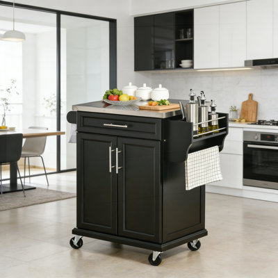 Îlot de cuisine roulant avec plateau en acier inoxydable, tiroir de rangement, support à épices et porte-serviettes pour une préparation et une organisation efficaces des aliments.