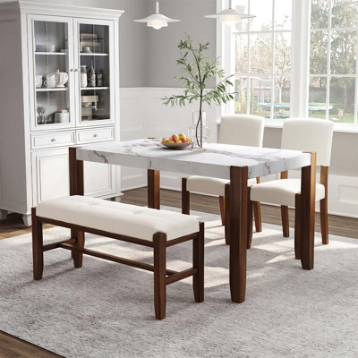 Bailea 4-Piece Modern Dining Furniture Set, 4-Person Space-Saving Dinette For Kitchen, Faux Marble Style Table And 2 Upholstered Chairs & Bench With -  Lark Manorâ¢, 79203671CBDB43C58BB50826A85252E0