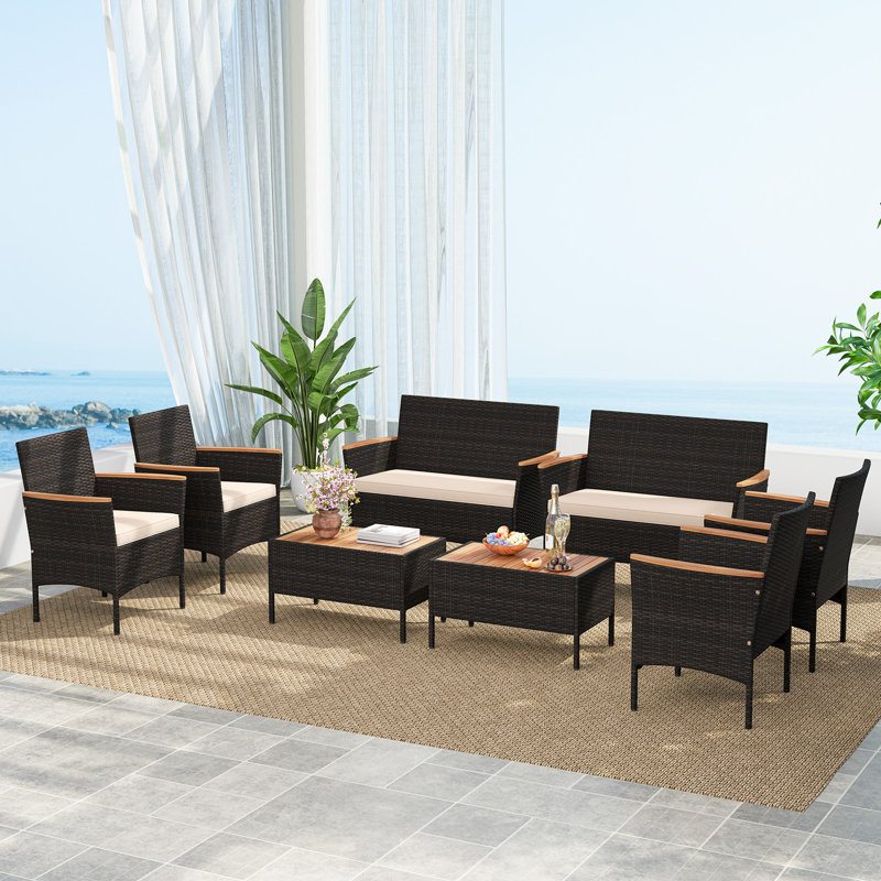 Ensemble de conversation en rotin 8 pièces avec chaises et causeuse